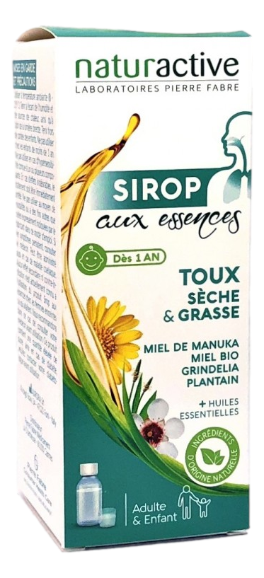 Sirop aux Essences Toux Sèche et Grasse Naturactive - 120 ml Traitement de la toux sèche et grasse. Flacon de 120 ml.