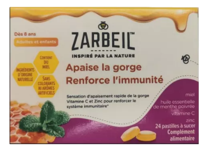 ZARBEIL pastilles gorge et immunité Sensation d'apaisement rapide de la gorge  Vitamine C et Zinc pour renforcer le système immunitaire. 24 pastilles